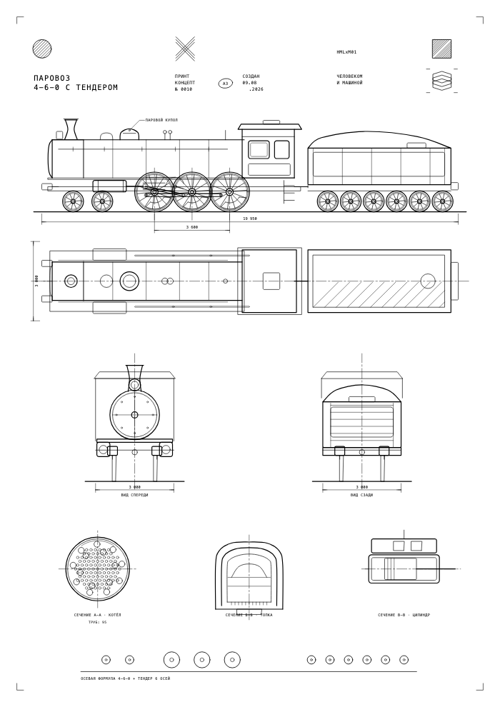 Паровоз 4-6-0. 4 вида и сечения